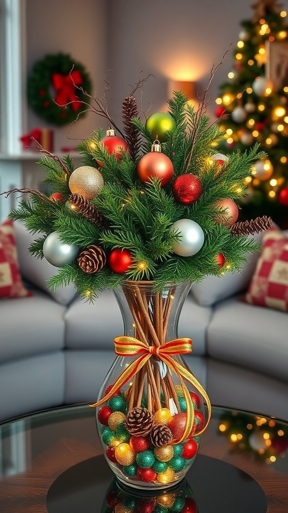 A festive Christmas vase with greenery, ornaments, and pinecones, illuminated by fairy lights.